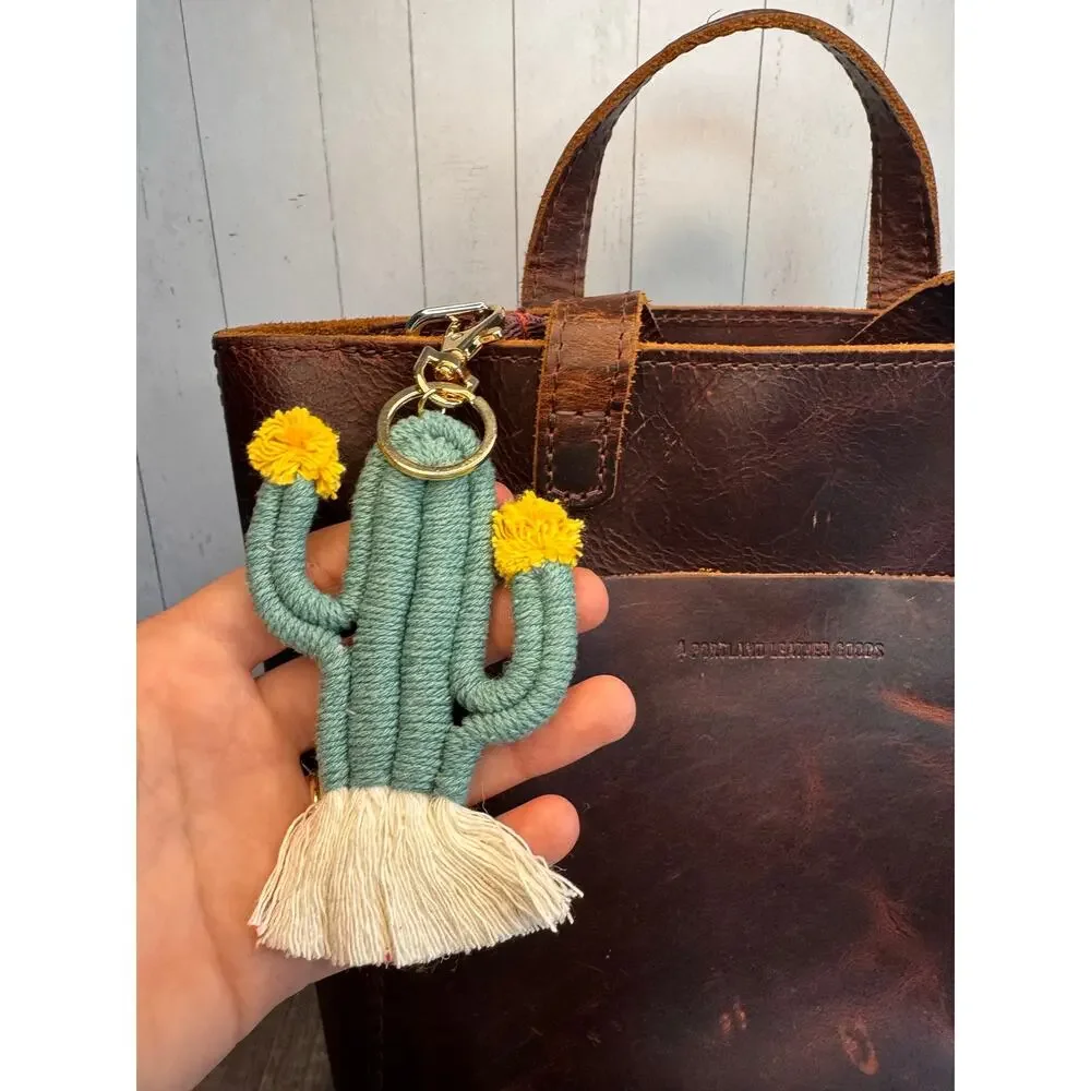 Beaded Cactus Macrame Keychain Purse Charm Boho Green Keychain Yellow Pom Charm